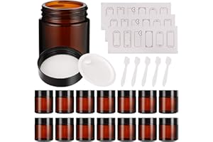 MCUPPER 15 Pack 4 oz Amber Glass Jars with Lids, Round Empty Containers for Scrubs, Lotions, Cosmetic, Ointments and Butters, Travel Storage Jar with White Inner Liners £¬Black Lids, lables and Spatulas
