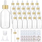Comrzor 24 Pack 2oz Clear Glass Bottles with Golden Top Eye Droppers for Essential Oils, Perfumes & Lab Chemicals (Brush, Funnels, 2 Extra Droppers, 36 Pieces Labels & 30ml Measuring Cup Included)