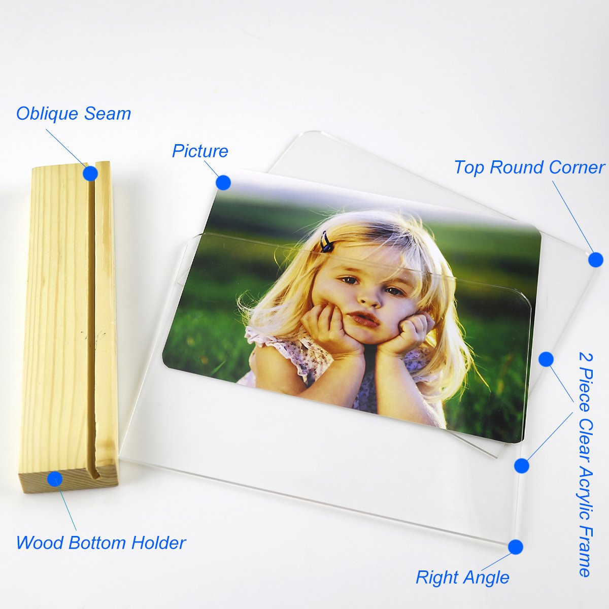 5x7 Clear Acrylic Picture Frame With Wood Holder - Round Corner Acrylic Glass Plate Picture Frame Stand on The Desk With a Wood Holder - Desk Calendar Display with Gift Box Package - SupperAcrylic