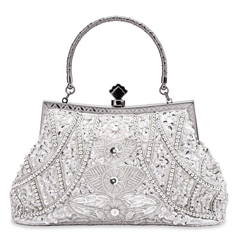 zebrum Evening Clutch Beaded Bag,1920s Flapper Clutch Gatsby Handbag Roaring 20s / 1920s Gatsby Costume Accessories(Vintage Style Beaded and Sequined-Silver)