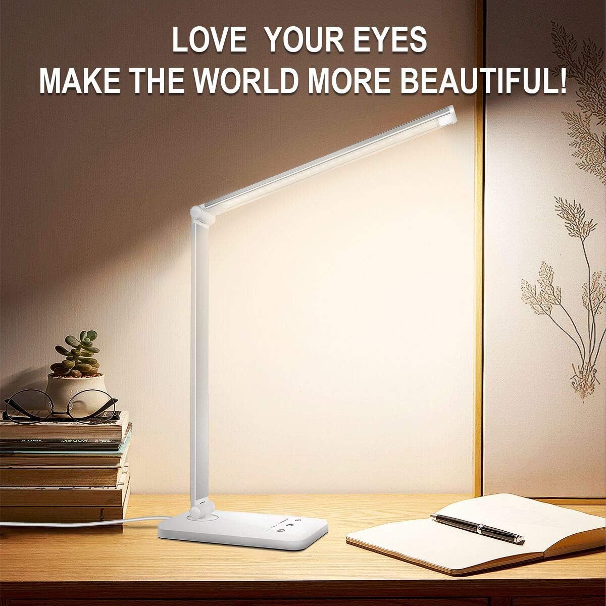 LED Desk Lamp, Eye-Caring Table Lamps, Natural Light Protects Eyes, 5 Modes, 10 Brightness Levels, Touch Control, Adjustable Table lamp with USB Charging Port, Auto Timer 30 / 60min, White: Home Improvement