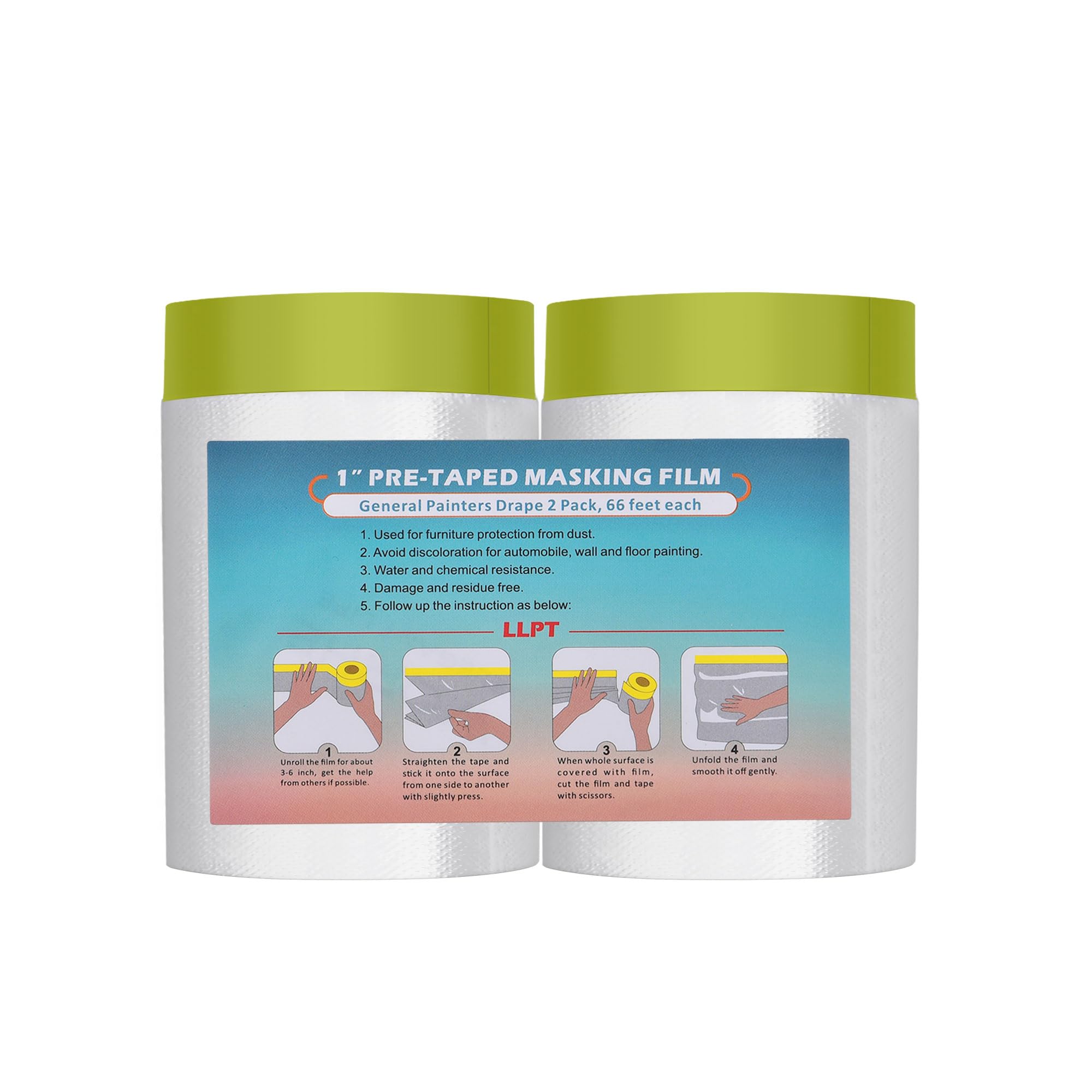 LLPT Tape and Drape Pre-Taped Masking Film | 2-Pack | 65cm(Unfolded) x 20m | Versatile Painter's Plastic Drop Cloth | for Auto Wall Painting and Spraying Protection (MFTG620) | Green Washi Paper