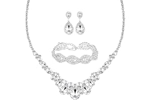 MIRACULOUS GARDEN 3/4 Pieces Women Jewelry Set Rhinestone Crystal Bride Statement Choker Necklace Tiara Crown Link Bangle Bracelet Teardrop Dangle Earrings Set for Wedding Party