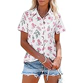 siliteelon Womens Button Down Shirts Short Sleeve Summer Linen V Neck Collared Hawaiian Floral Print Casual Blouse Tops