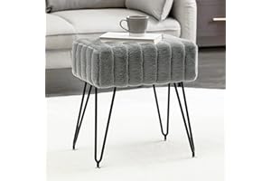 LUE BONA Modern Mink Square Footstool Ottoman Bench, Grey Faux Fur Vanity Stool with Black Legs, Comfy Vanity Chair Entryway Bench, Makeup Stools for Vanity, Plush Fluffy Footrest for Bedroom, Living Room