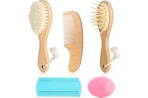POPYJAN Goat Baby Hair Brush Set, Wooden Comb Massage Scalp Comb, Safe Natural Hair Care Kit, Soft Silicone Bath Brush for Newborns Toddlers (Brush Set+ Pink Massager)