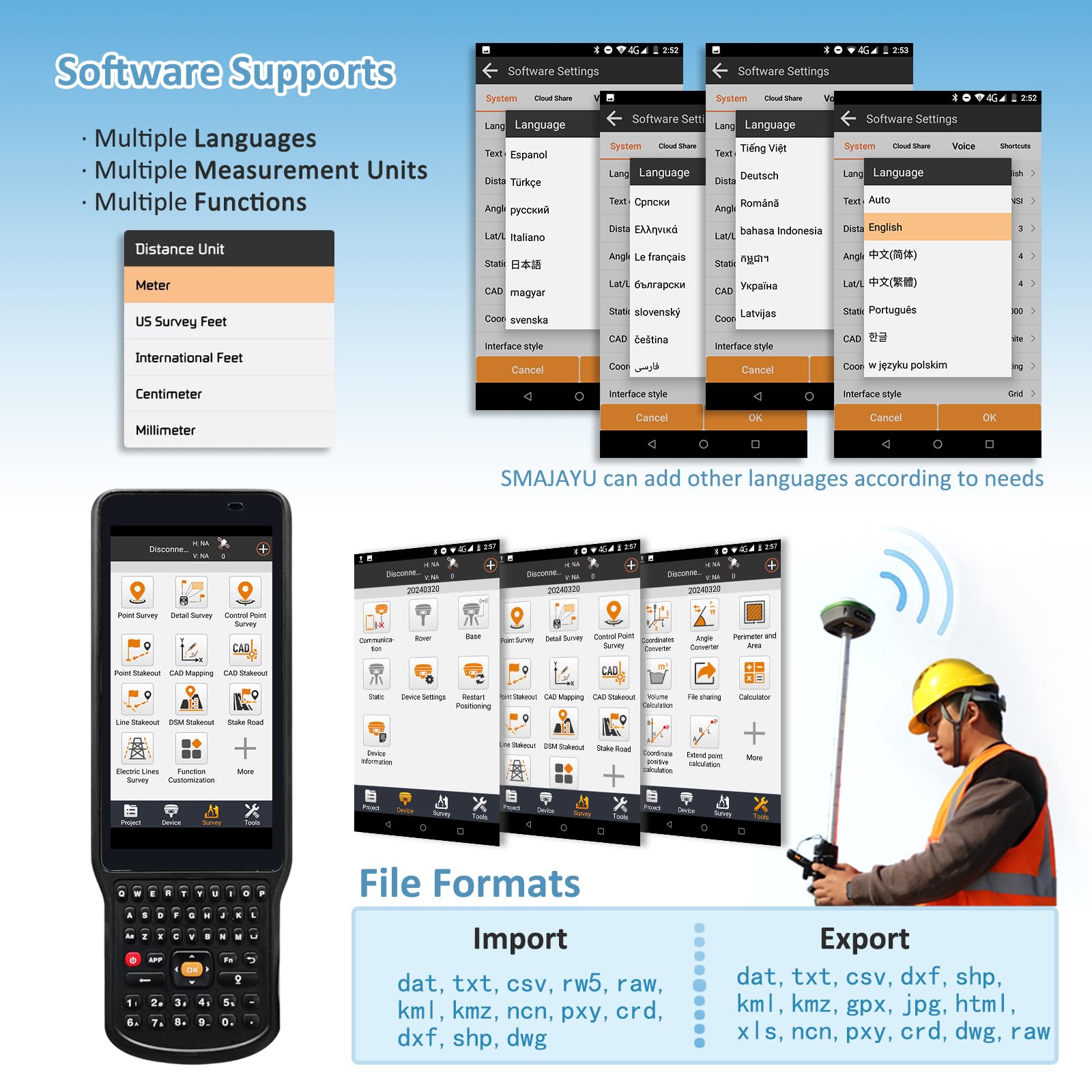 Surveying Equipment, NOAA Certificated SMA26 GNSS IMU RTK GPS Rover Base Handheld Collector with Survey Software, Max10km and 0.5cm Accuracy,32G Storage (Exclude Tripod&Pole)