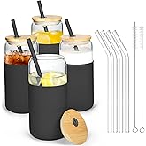 Icesip 20oz Drinking Glasses Cups Set of 4 Beer Can Shaped Drinking Glasses with Silicone Protective Sleeve Straw Bamboo Lid Iced Coffee for Coffee Smoothie Boba Tea(Black*4)