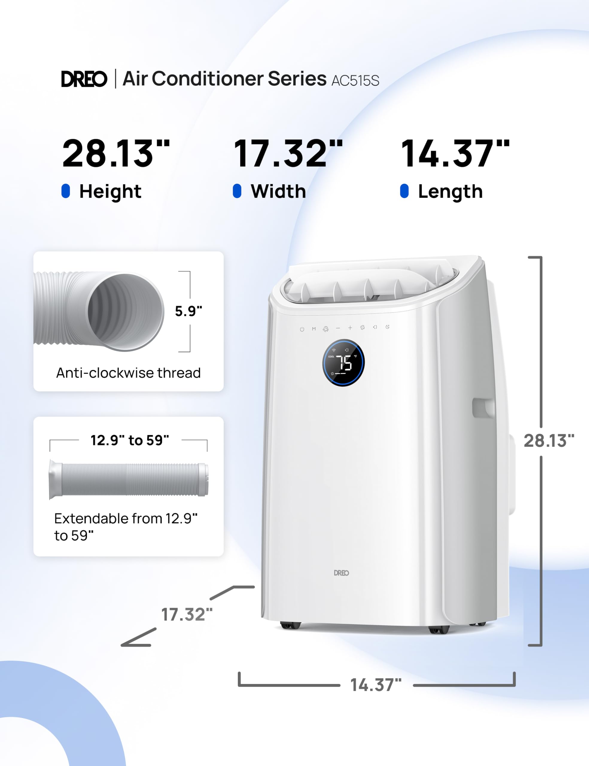 Dreo Portable Air Conditioners, 12,000 BTU AC Unit for Bedroom with Drainage-free Cooling, 46dB Quiet, APP/Voice/Remote, 24h Timer with Fan & Dehumidifier, Smart Standing AC for Room Indoors, AC515S