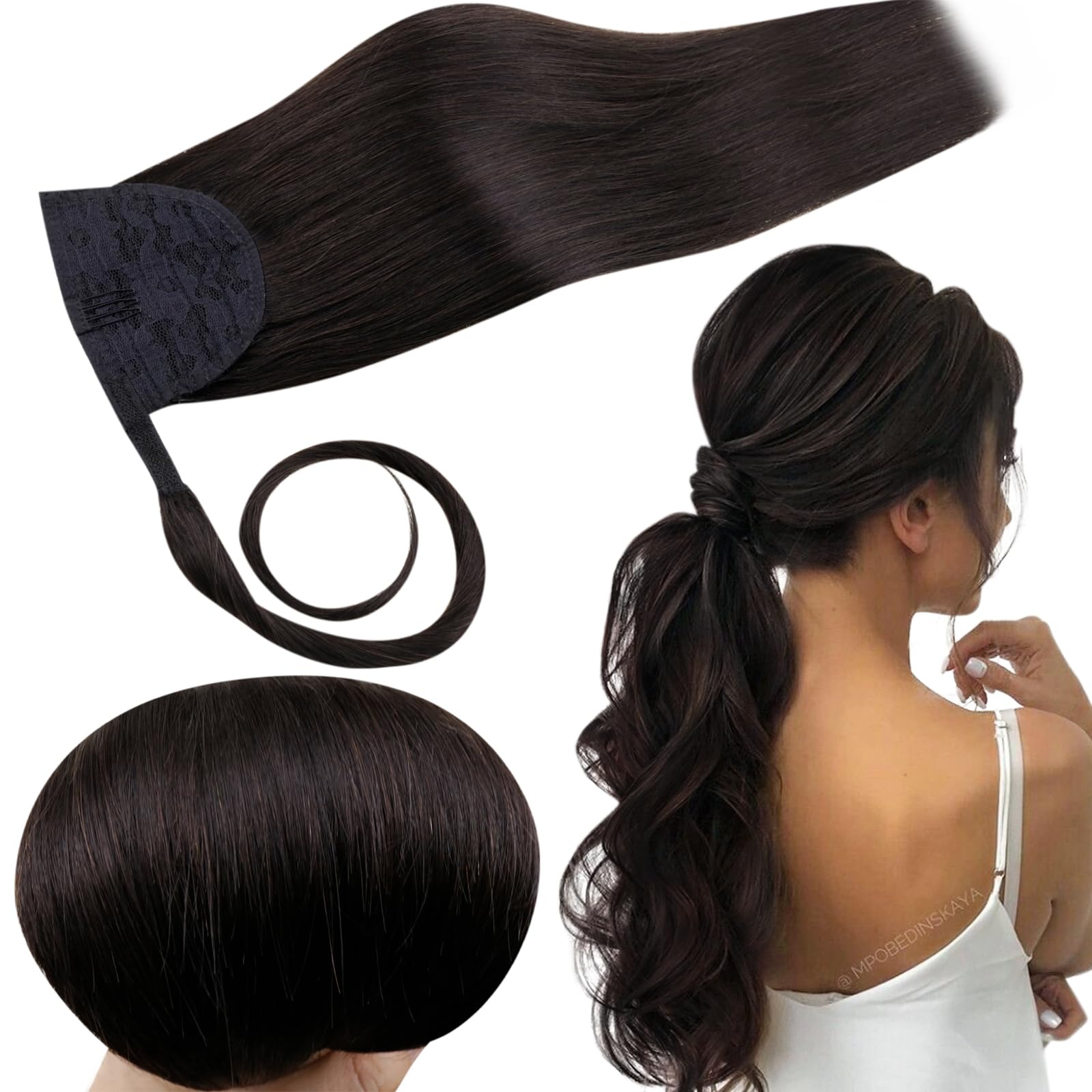 RUNATURE Human Hair Ponytail Extensions Off Black Ponytail Hair Extensions Human Hair 20 Inch Black Warp Around Ponytail Hair Extensions Real Human Hair 80 Gram — image 1