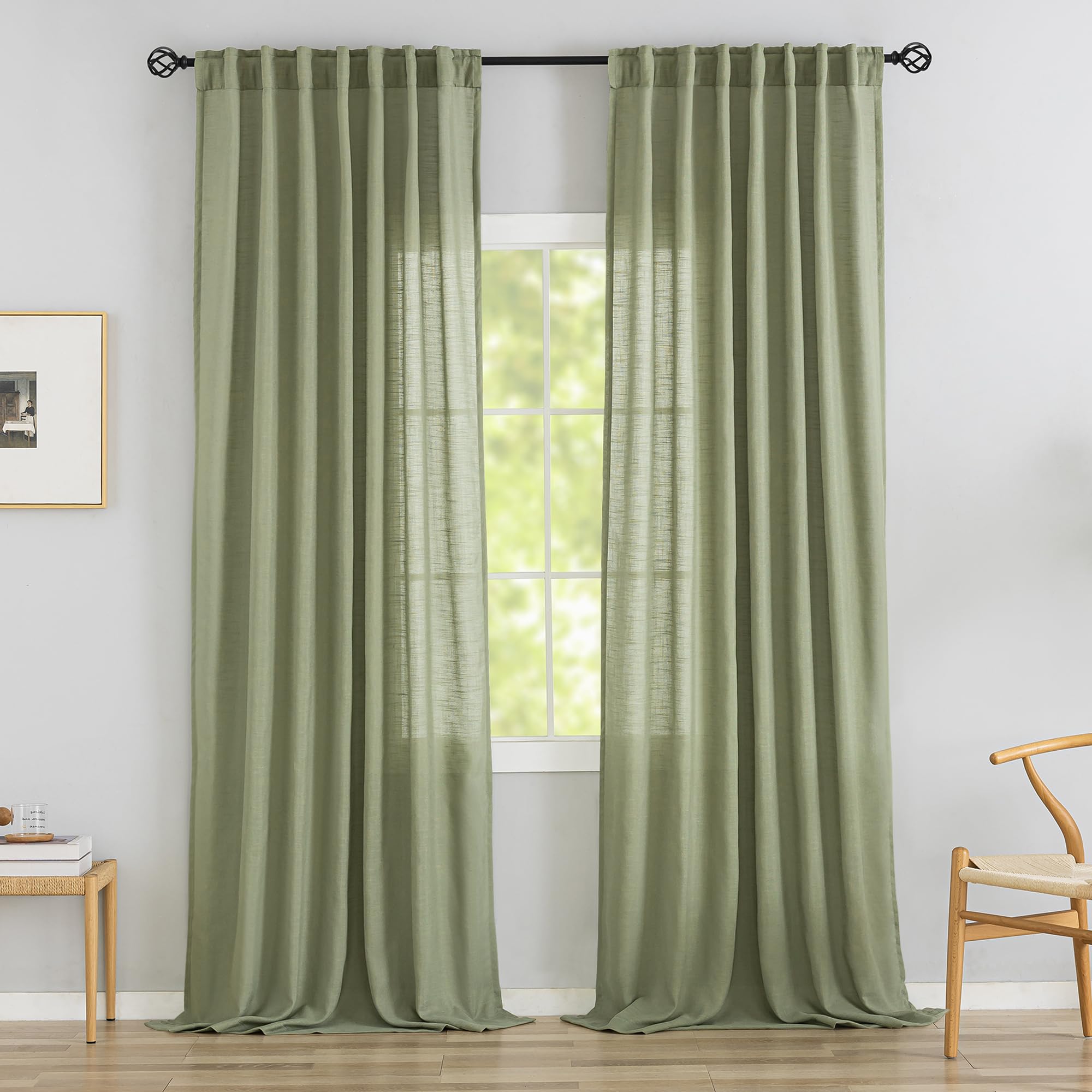 Photo 1 of DONREN Sage Green Linen Back Tab Curtains 102 Inches Long 2 Panels Set for High Windows - Rustic Hooks Belt Pinch Pleated Look Easy Sliding Curtains Rod Pocket Light Filtering Semi Privacy Drapres