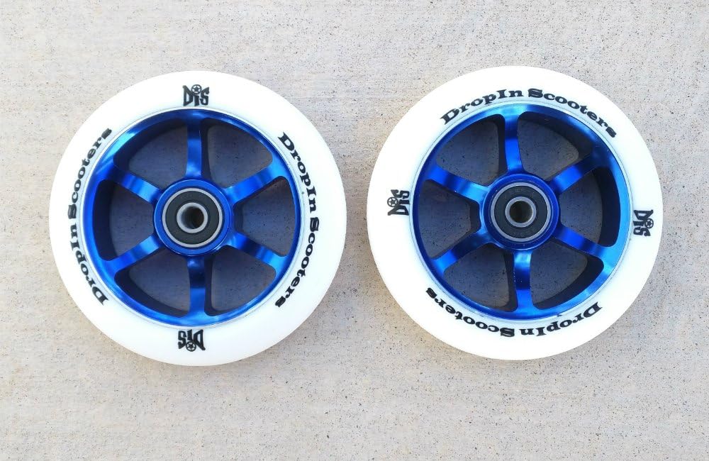 DIS 110mm White on Blue 6 spoke Metal Core Scooter Wheels (Pair - 2 wheels) with Bearings and Spacers Installed