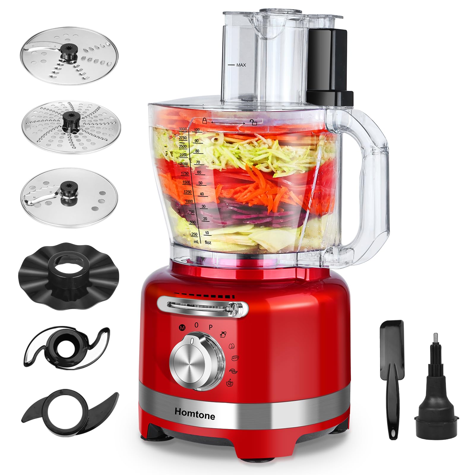 Photo 1 of Homtone 16 Cup Food Processor, Large Food Processors, 6 Preset Modes Vegetable Chopper Electric, 6 Blades 8 Functions for Home Use, Stepless Speed Control, 650W, Red