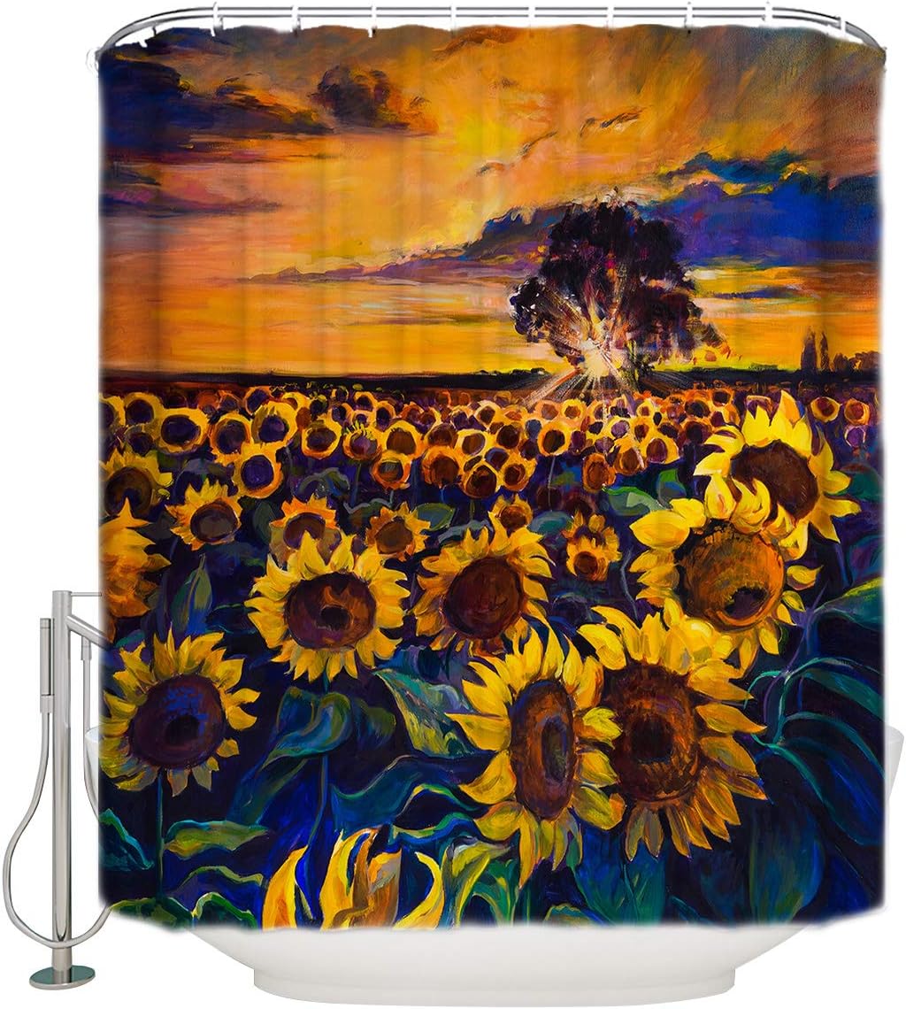 Sunflower Sunset Fabric Shower Curtains Trees Watercolour