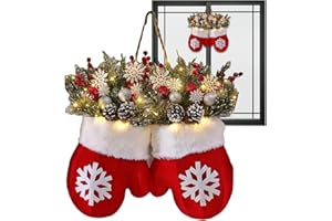 Twinkling Christmas Mitten Wreath with LED Lights, Christmas Lighted Mitten & Stocking Wreaths, Front Door Artificial Garland