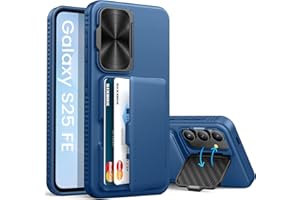 SIXBOX for Samsung Galaxy S25 FE Case with Card Holder, Built-in Stand & Camera Lens Cover, Shockproof Rugged Silicone Raised Edge Protective Wallet Phone Case for Samsung S25 FE 2025, Blue