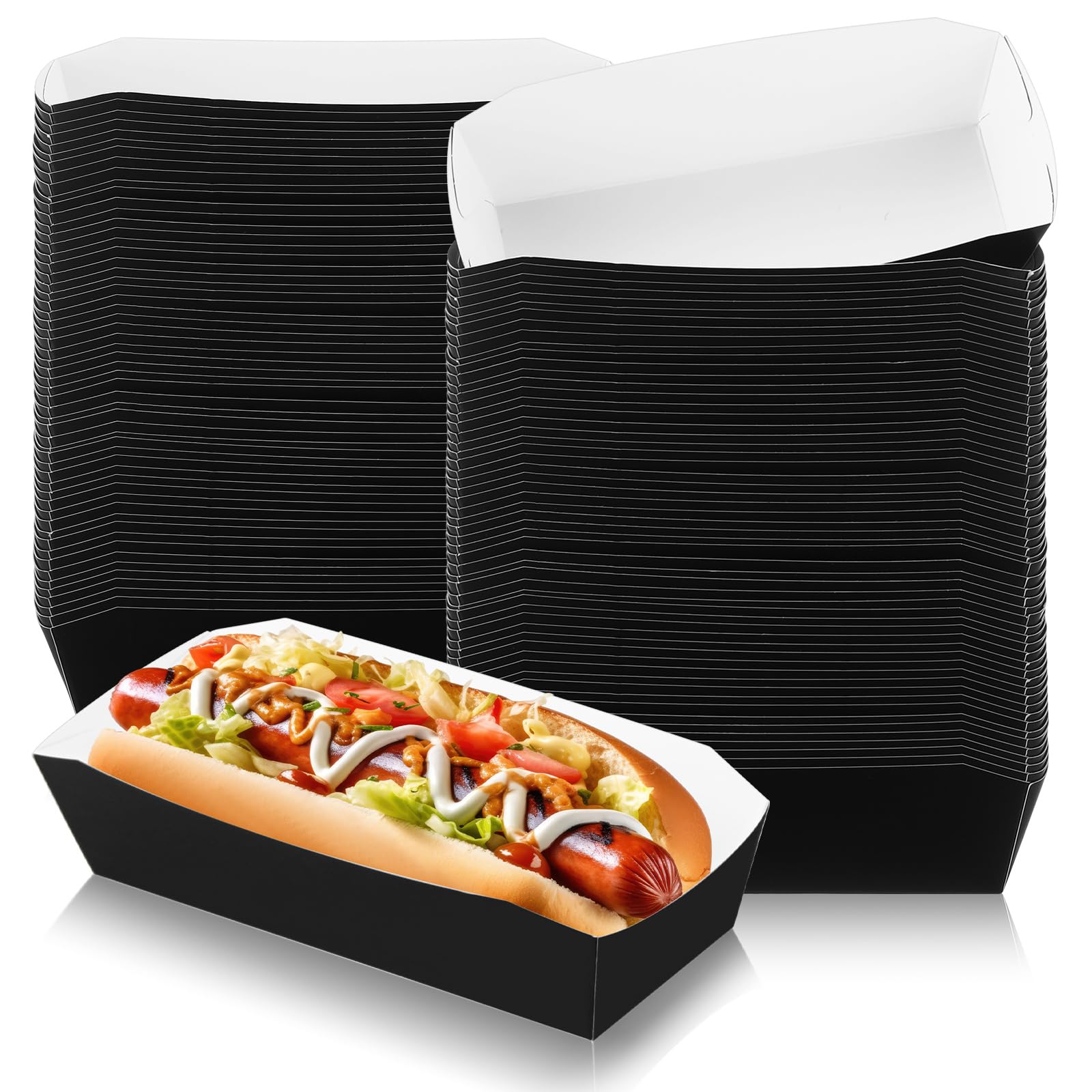 Photo 1 of Yeaqee 100 Pcs 7" Paper Hot Dog Trays Halloween Disposable Paper Food Nacho Boats Hot Dog Holders Food Plates Disposable Serving Trays for Carnivals, Parties, Dinner, Cookouts(Black)