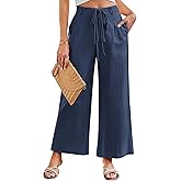 JASAMBAC Women's Linen Palazzo Lounge Pants High Waist Straight Wide Leg Summer Beach Causal Trousers with Double Belts
