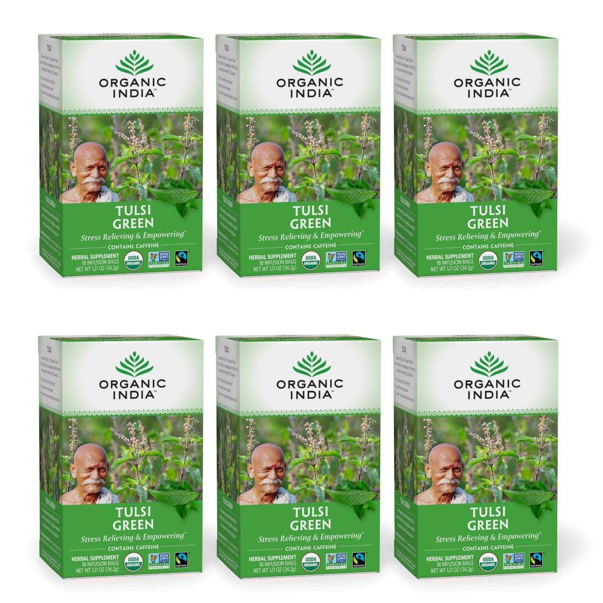 Organic India Tulsi Green Herbal Tea - Stress Relieving & Empowering, Immune Support, Vegan, USDA Certified Organic, Premium Darjeeling Green Tea, Caffeinated - 18 Infusion Bags, 6 Pack: Health & Personal Care