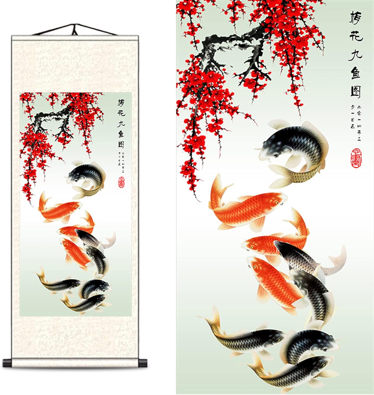 Paintings - FOVNOT Asian Silk Scroll, Asian Wall Scroll Asian Wall Art Silk Scroll Wall Painting Nine Fish Gathering Painting Scroll Chinese Art Wall Scroll Hanging Painting Scroll (A1)