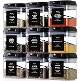 Spice Containers with Labels, 9 Pcs 16 Fl Oz Large Plastic Tea Storage Containers with 148 Spice Labels and 9 Spoons, Square Airtight Seasoning Containers Set with black Lids for Kitchen Pantry Coffee