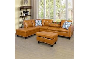 LOPOO L-Shaped Sectional Couches Sets with Storage Ottoman, Chaise Lounge, Left Armrest, Foldable Console, Cup Holder, Semi PU Synthetic Leather Upholstered Modular Sofas for Living Room (Ginger)