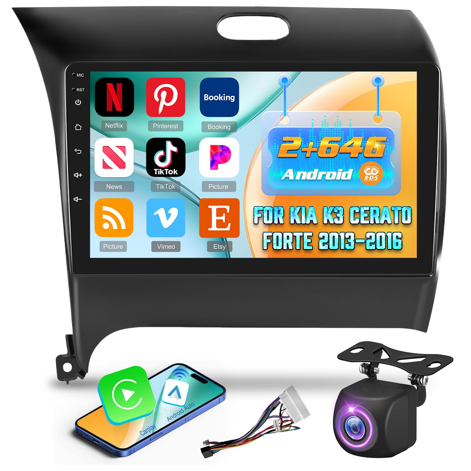 Photo 1 of [2+64G] Android 13 Car Radio for Kia K3 Cerato Forte 2013-2016 - Wireless Carplay and Android Auto - 9 Inch Touchscreen Radio with EQ/WiFi/GPS + AHD Rear View Camera