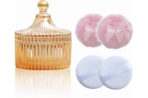 Qopoto 5 Pieces Large Body Powder Puff and Powder Container, Crystal Case for Dust Puff, Powder applicator with Box for Face and Body (Amber, Yurt)