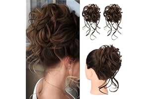 HOOJIH Messy Bun Hair Piece, 2PCS Tousled Updo with Tendrils Hair Bun Extensions Wavy Curly Hair Wrap Ponytail Hairpieces Hair Scrunchies for Women HB010 Dasiy - Warm Brown with little black mixed