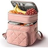 CarryWise Lunch Bag Women Double Layer Lunch Bag Puffer Insulated Lunch Box Waterproof Bottom Large Lunch Box for Women for Work or Travel,Pink