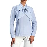winkbay Women's Striped Bow Tie Neck Long Sleeve Shirt Work Office Elegant Blouse