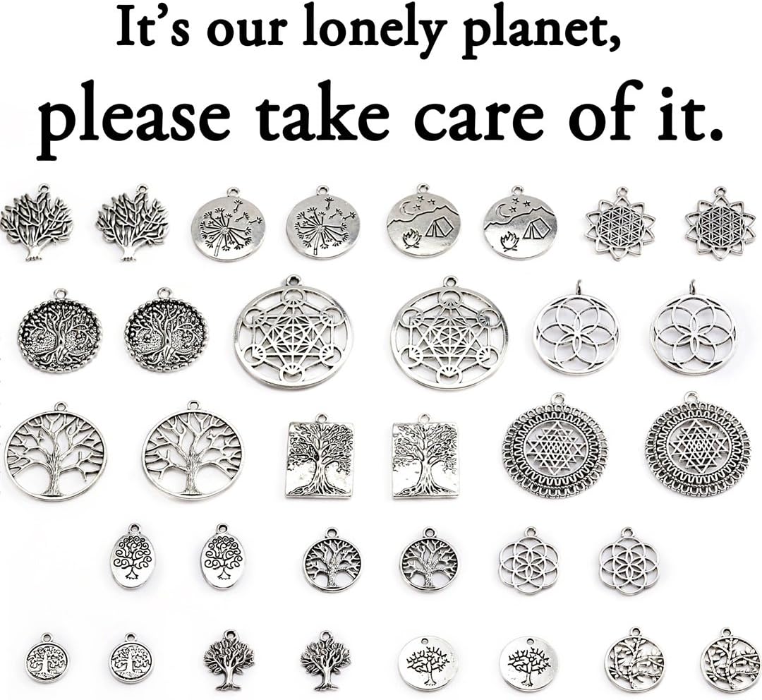 JEWMAY Earth and Life Charms for Necklace Bracelet,Pack of 34,Antique Silver