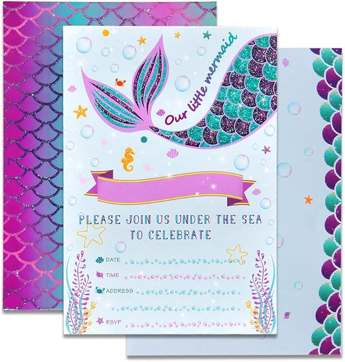 WERNNSAI Mermaid Party Invitations 20 Set Magical Glitter Fill In