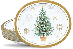 ZVK 12" Christmas Oval Paper Plates Set Disposable 50 Count Large Party Buffet Serve Plates for Holiday Xmas Dinnerware