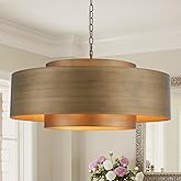 DUNFIZZ D30 Modern Geometric Metal Drum Pendant, Brushed Brass Industrial Farmhouse Chandelier Rustic Drum Pendant Light for 