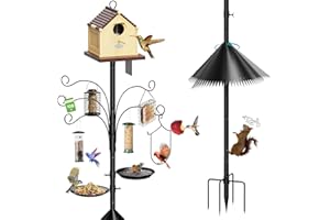 MQHUAYU Bird Feeder Pole Squirrel Proof, 108 Inch Heavy Duty Bird House Pole, Adjustable Bird Feeder Stand with 5 Shepherds Hooks, 2 Mental Trays, Hummingbird Swing