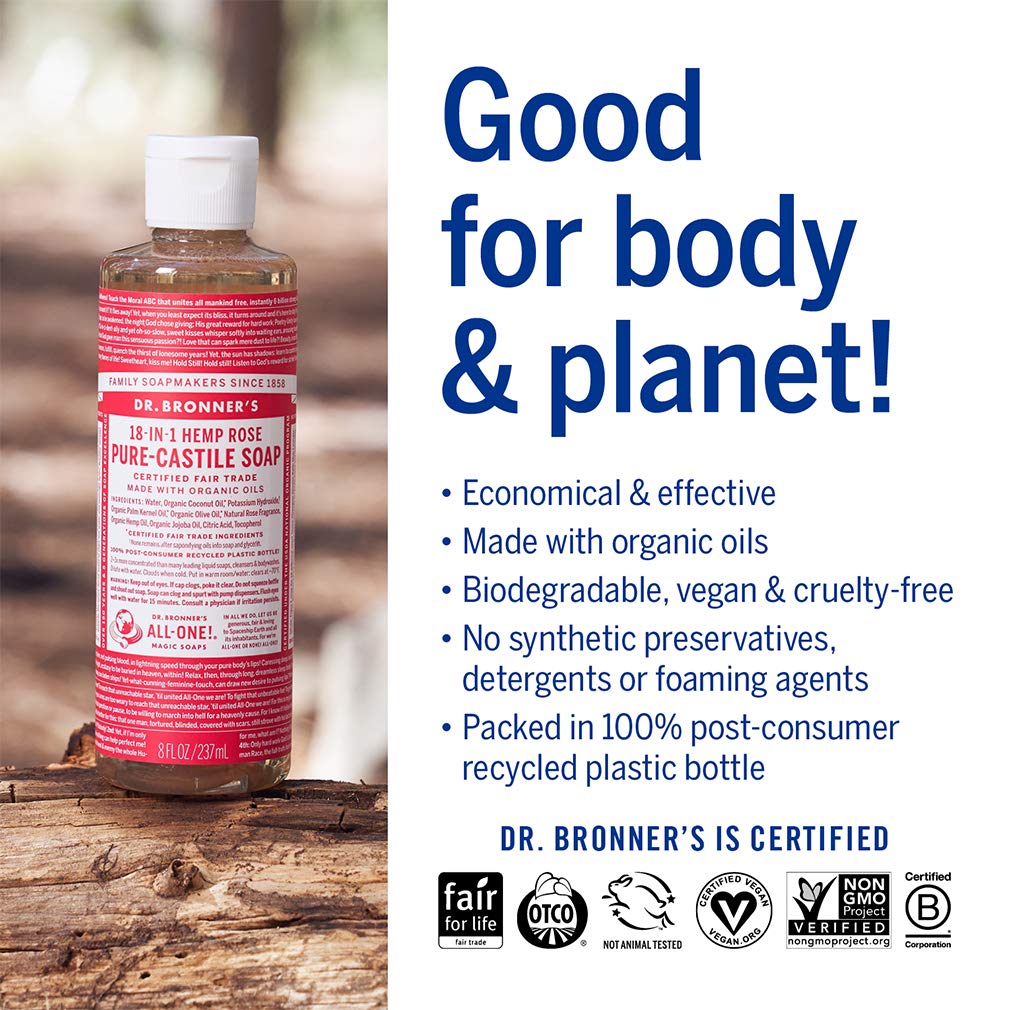 Dr. Bronner's - Pure-Castile Liquid Soap (Rose, 8 ounce) - Made with Organic Oils, 18-in-1 Uses: Face, Body, Hair, Laundry, Pets and Dishes, Concentrated, Vegan, Non-GMO