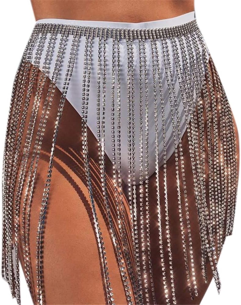 RARITYUS Women Sexy Rave Glitter Rhinestone Tassel Body Chains Skirt Waist Belt Jewelry for Party Festival Dance Nightclub