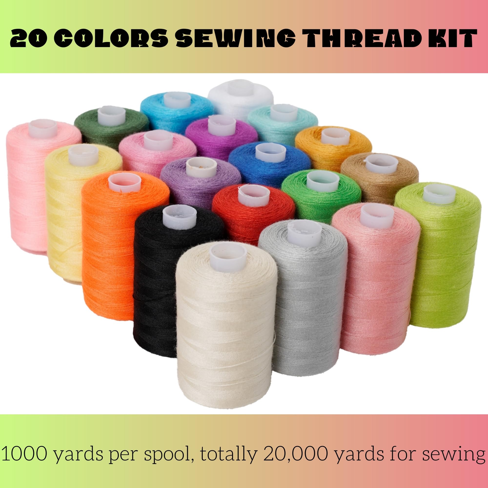 Sewing Thread Kit 20 Colors Polyester Sewing Thread Set 1000 Yards Per Spool Black & White for Sewing Machine, Hand Stitching and Quilting Use