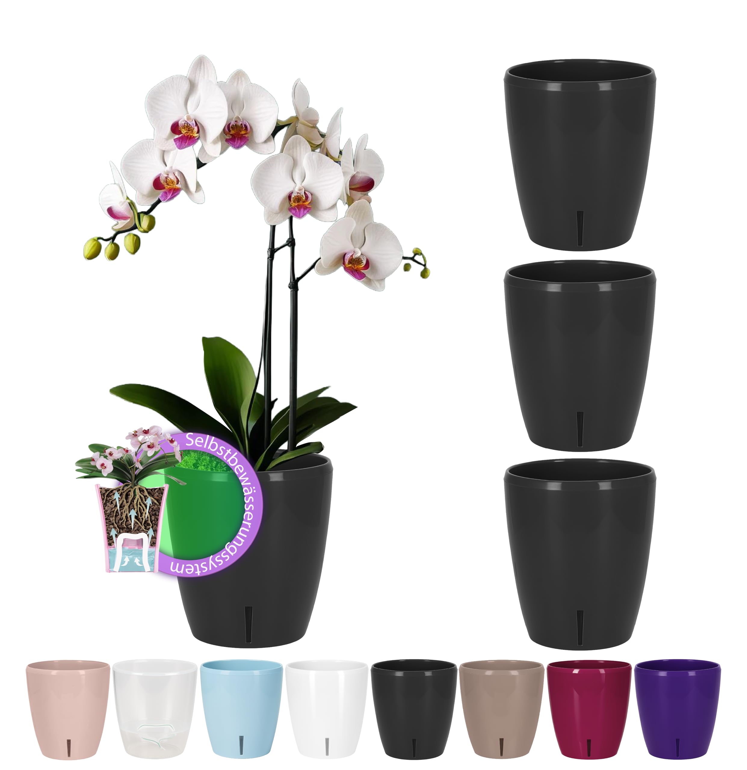 Santino SET OF 4 - ORCHIDEA Self-Watering Orchid Pot -Watering Decorative Planter with Wick System and Water Level Indicator Ø 12.5 cm, H 15 cm, 1.3L - Anthracite