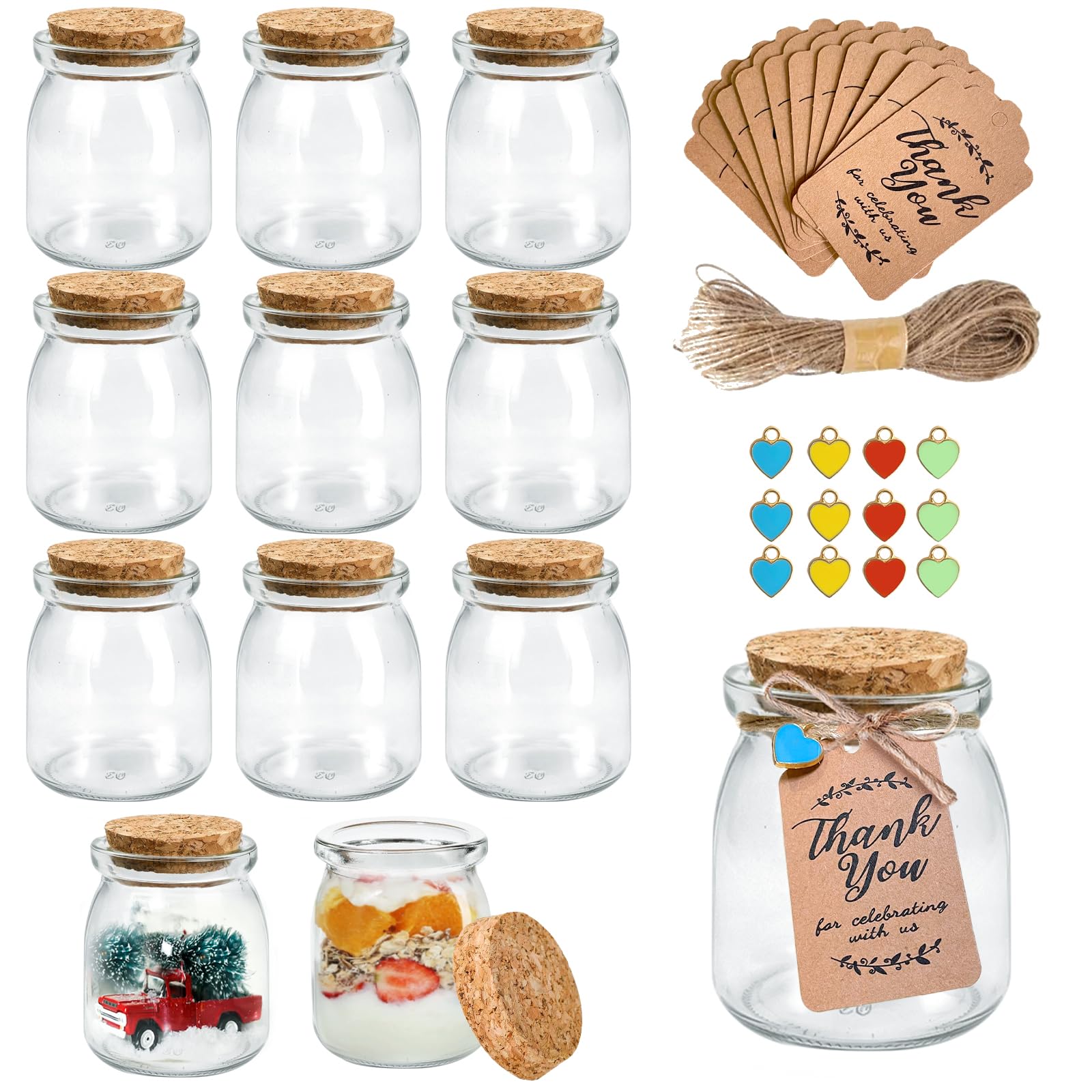 Loyaboho 12Pcs 200ml Yogurt Glass Jars with Cork Lids, Pudding Small Jars with Cork Lids, Glass Jar with Cork Lid with Label Tags and Pendant,Perfect for Pudding,Wedding Favors,DIY Projects