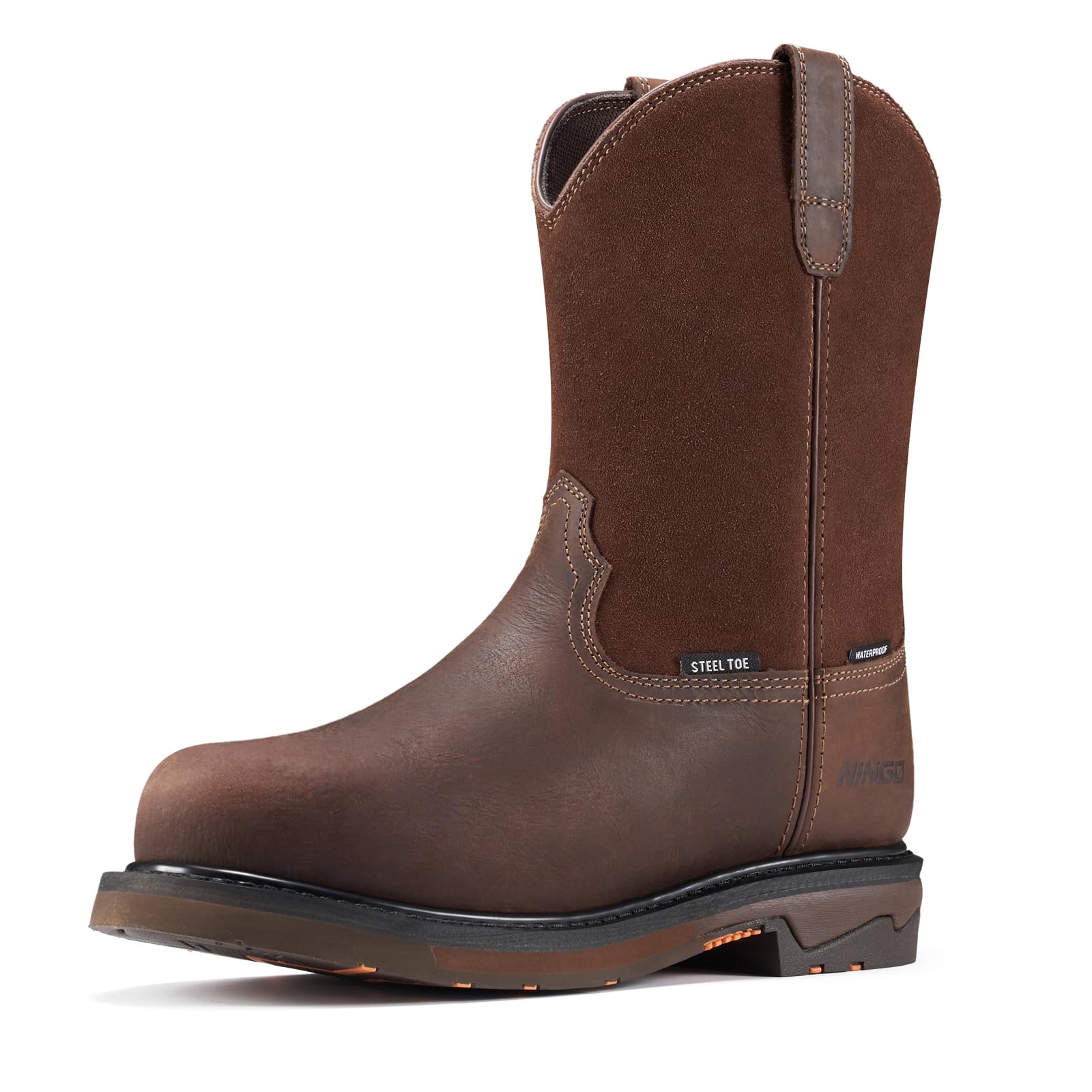 Photo 1 of NINGO Men's Steel Toe Work Boots, Waterproof Wellington Boots with Full Grain Leather, Pull-On Design Non Slip Work Shoes, EH Protection for Industrial, Agriculture