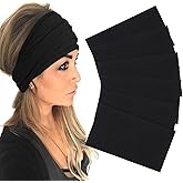 XTREND 6 Packs Wide Boho Headbands for Women Stretch Fashion Headband Extra Large Turban Headband for Yoga, Working Out, Travel or Running Black Hairband Girls Accessories (Black)