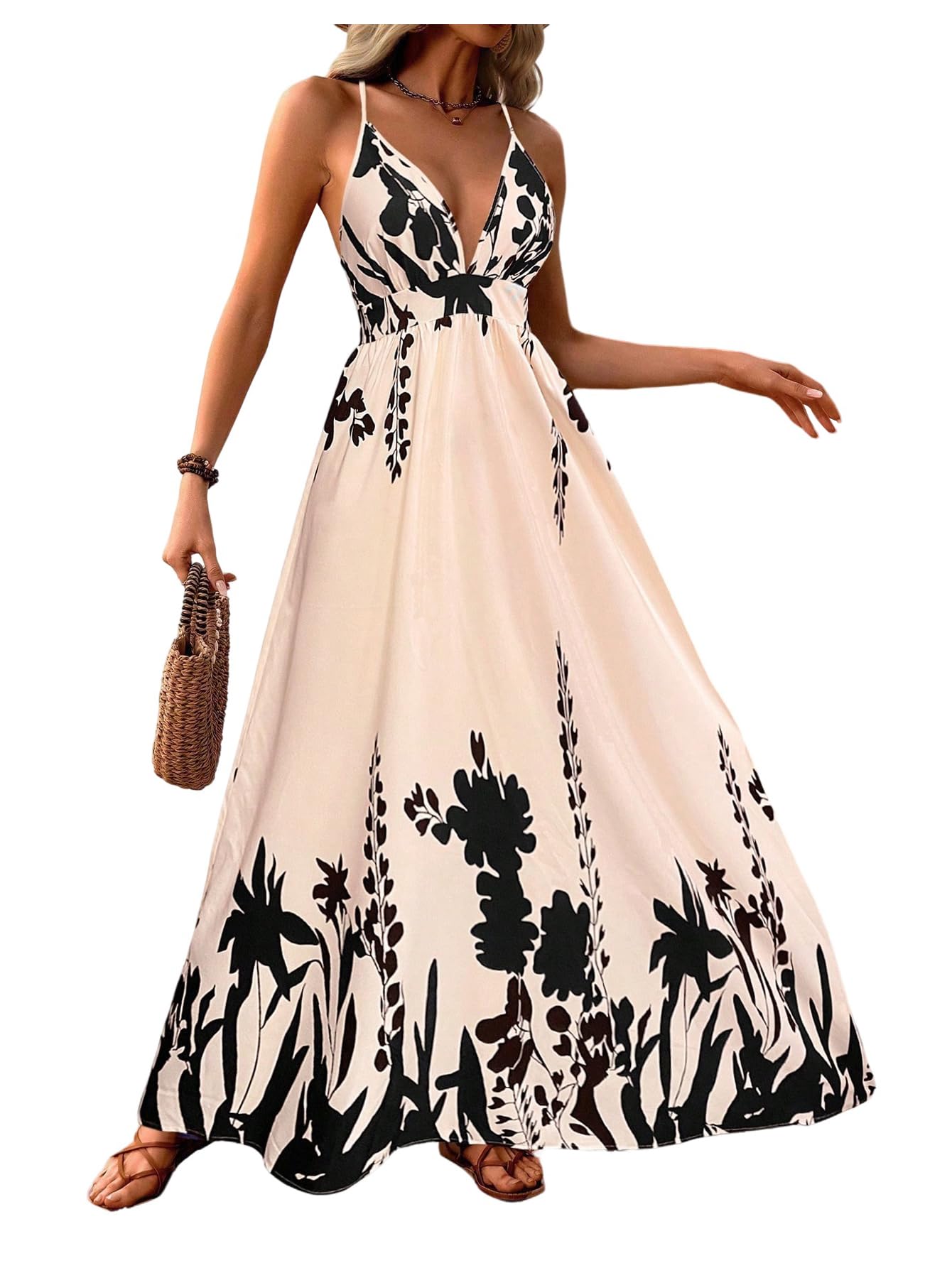 Photo 1 of MakeMeChic Women's Summer Blue and White Floral Dress Boho Backless Maxi Sundress Spaghetti Strap Flowy Dress Apricot B Small
