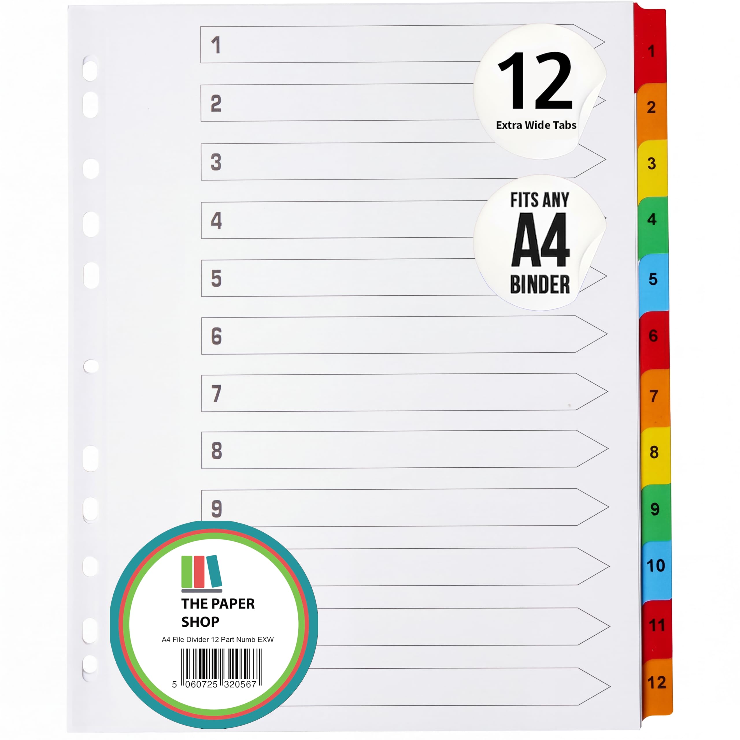 A4+ Extra Wide 12 Part File Dividers A4+ Extra Wide 12 Part Numbered Subject Dividers Multipunched Reinforced Colour Tabs 150gsm