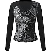 WDIRARA Women's Gothic Graphic T Shirts Crew Neck Long Sleeve Tee Fitted Tops