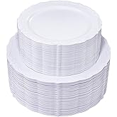 U-QE 100 Pieces White Plastic Plates - White Disposable Plates - Premium Hard Plastic Disposable Plates for Wedding and Party Use Including 50 Dinner Plates 10 '' & 50 Dessert Plates 7.5 ''