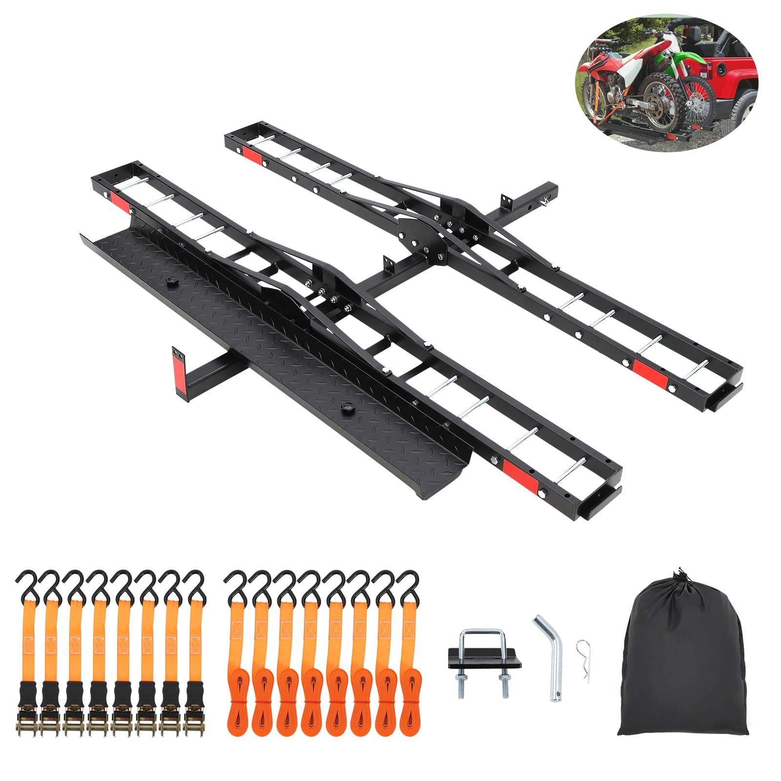 Photo 1 of GarveeLife 2 Motorcycle Carrier Hitch Mount,Steel Dirt Bike Hitch Hauler with Ramp,Ratchet Straps & Stabilizer,Motorcycle Carrier for E-Bikes,Mountain Bikes,(2 Motorcycle Hitch Carrier)