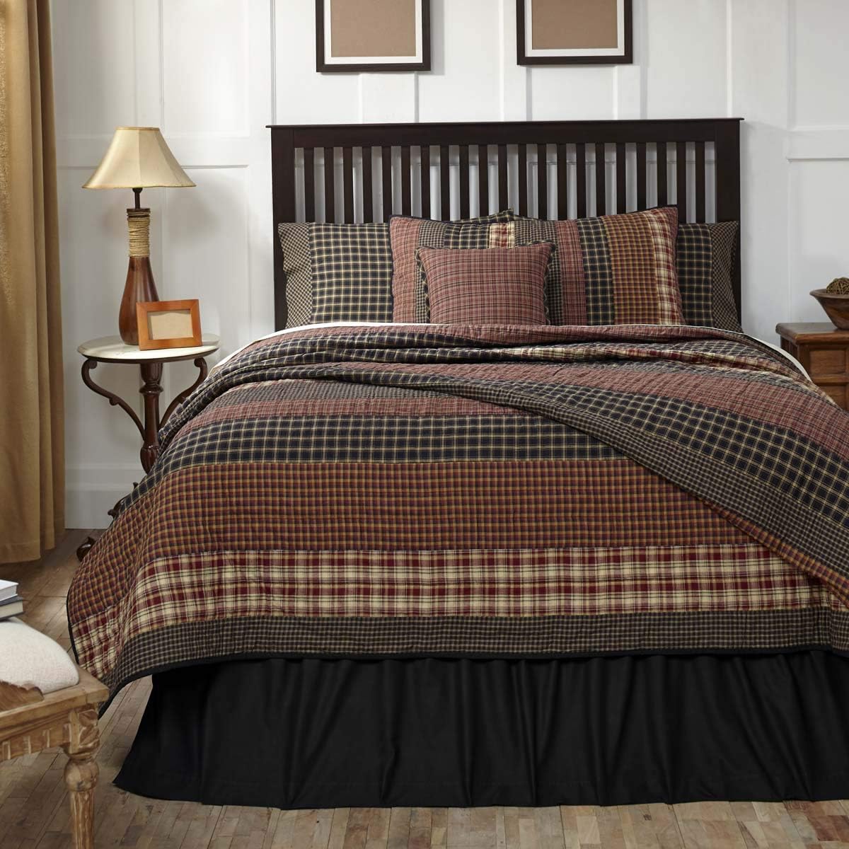 VHC Brands Rustic Beckham Cotton Pre-Washed Patchwork Striped Square Queen Bedding Accessory, Quilt 90x90, Rust Red: Home & Kitchen