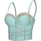 Women's Handmade Rhinestone Diamond Push up Bustier Crop Top Punk Corset Bra Vest